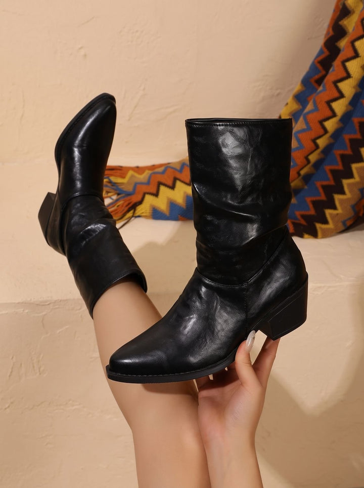 Women's Faux Leather Slouch Block-Heel Mid-Calf Boots - Black