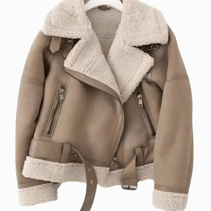 Women's Faux Shearling Aviator Jacket Belted Asymmetric Zip - Brown