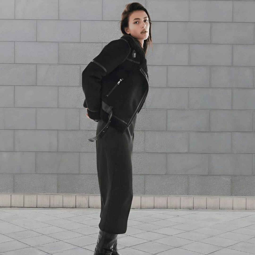 Women's Faux Shearling Aviator Jacket Belted Asymmetric Zip