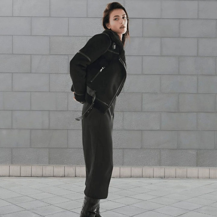 Women's Faux Shearling Aviator Jacket Belted Asymmetric Zip