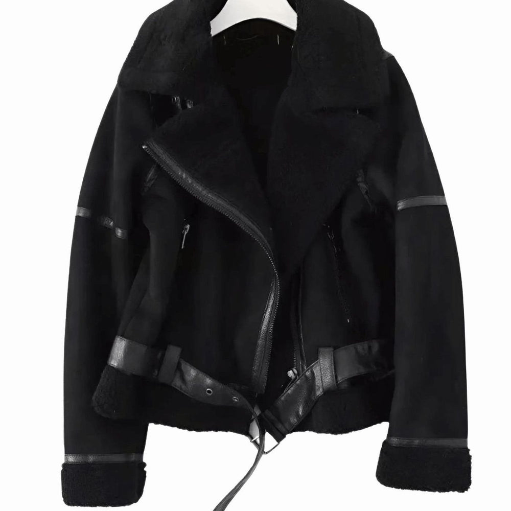 Women's Faux Shearling Aviator Jacket Belted Asymmetric Zip - Black