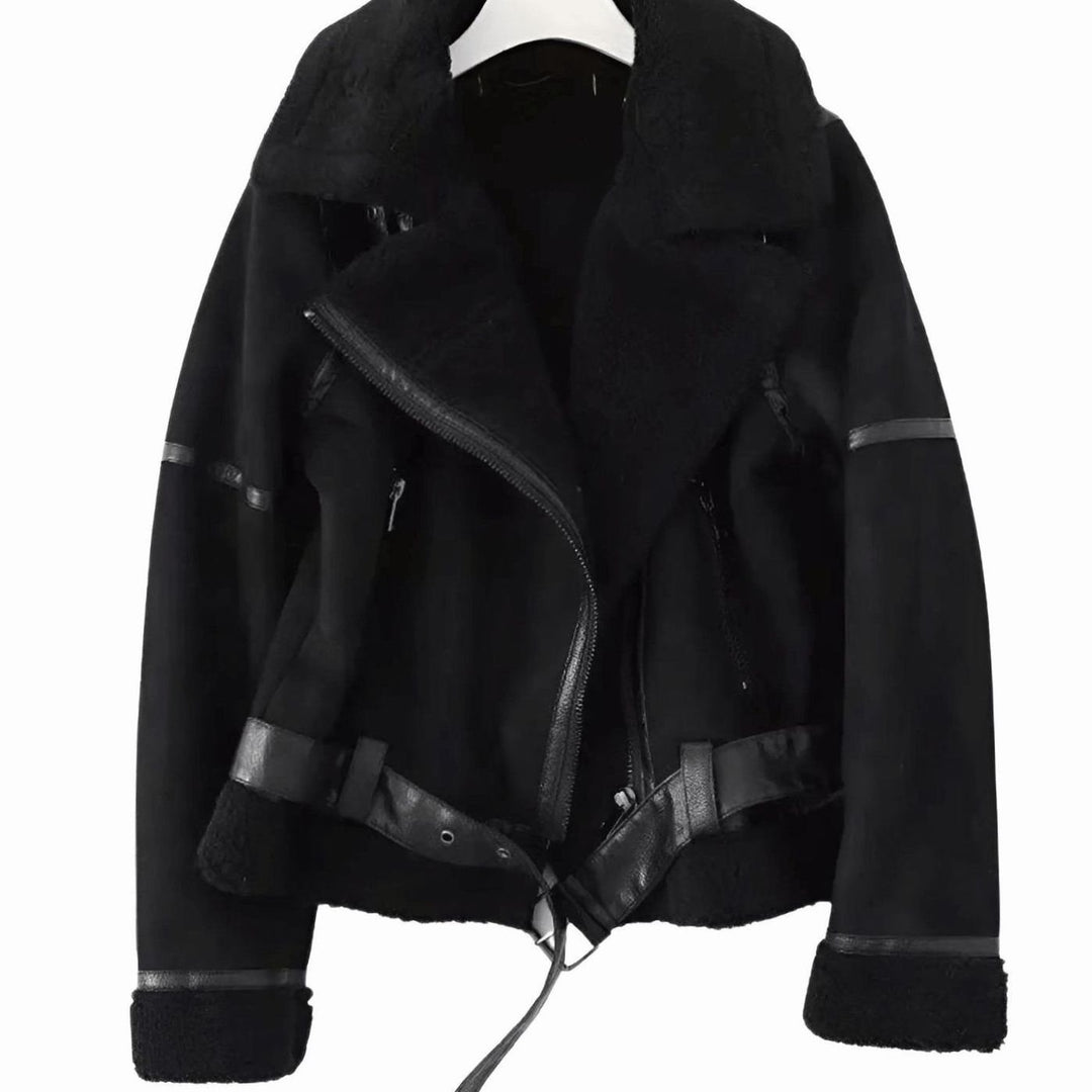 Women's Faux Shearling Aviator Jacket Belted Asymmetric Zip - Black