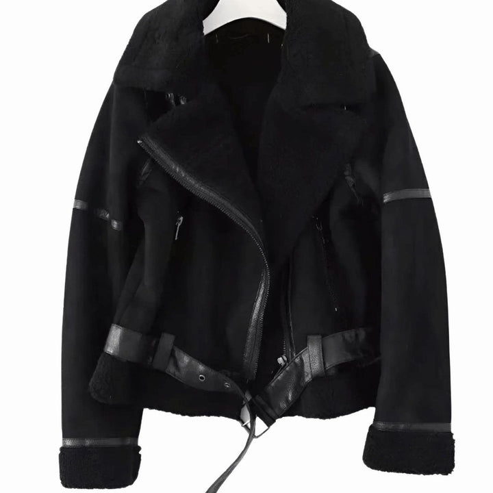 Women's Faux Shearling Aviator Jacket Belted Asymmetric Zip - Black