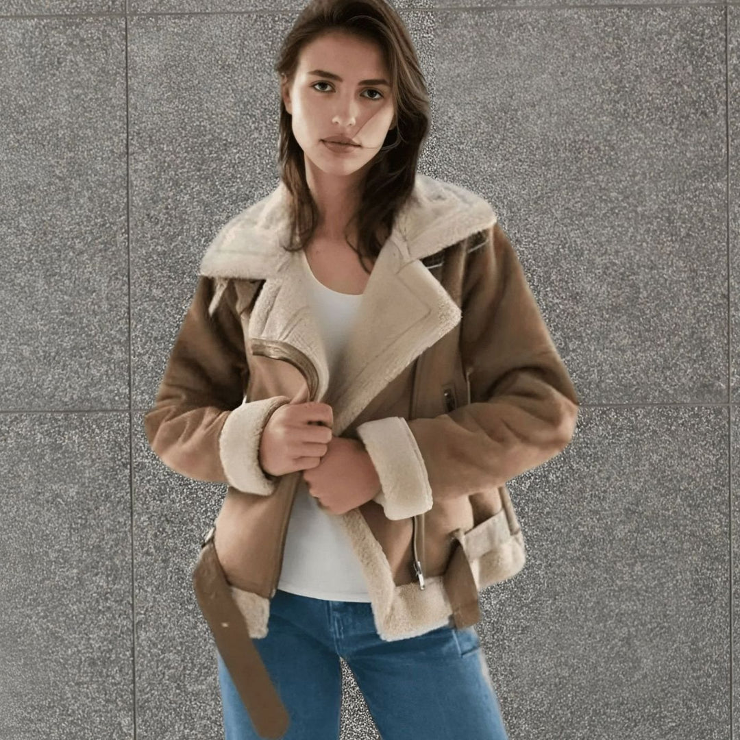 Women's Faux Shearling Aviator Jacket Belted Asymmetric Zip