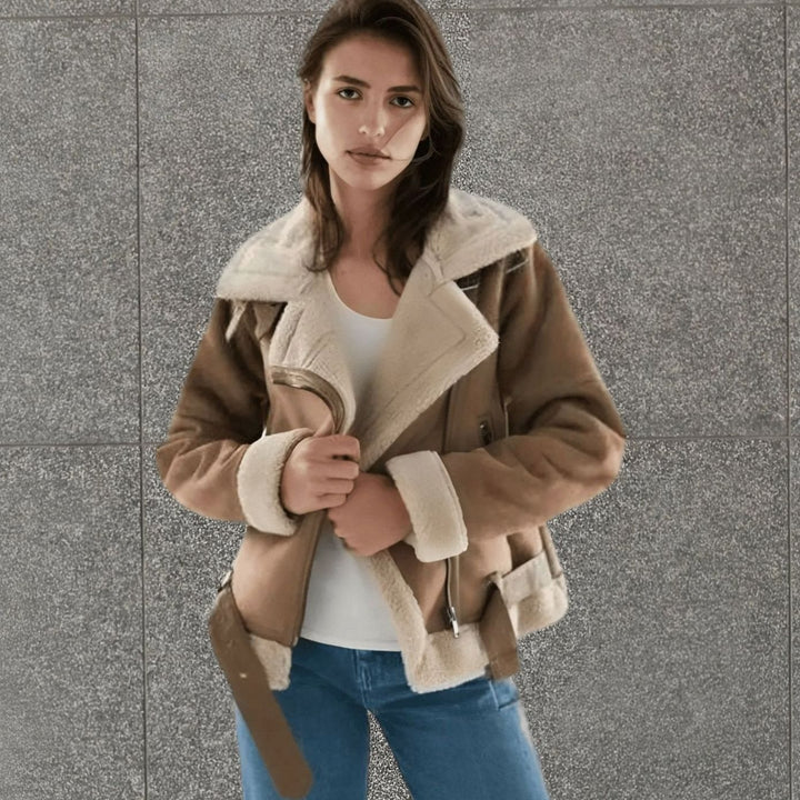 Women's Faux Shearling Aviator Jacket Belted Asymmetric Zip