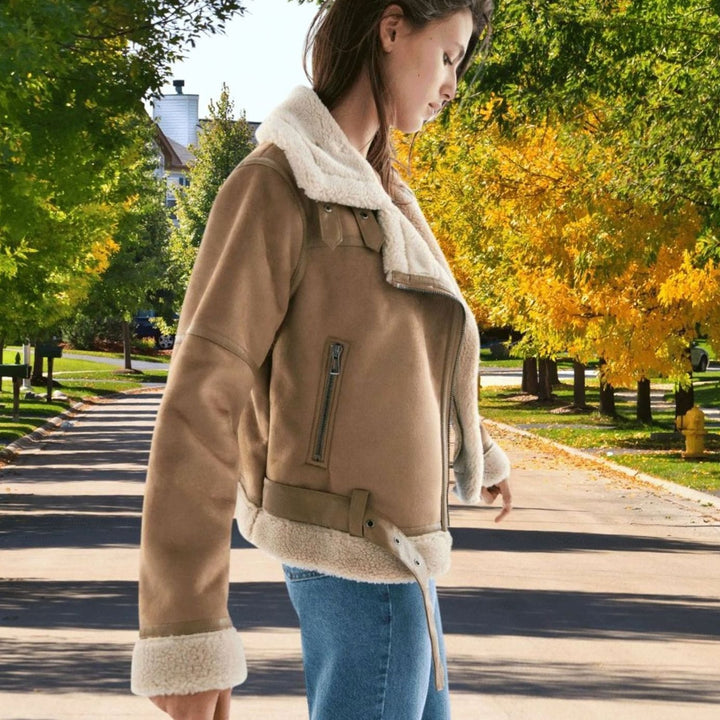 Women's Faux Shearling Aviator Jacket Belted Asymmetric Zip