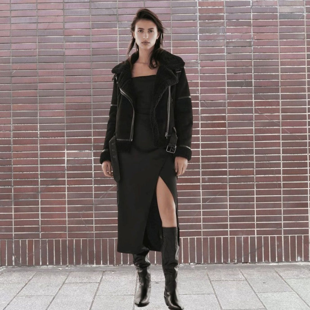 Women's Faux Shearling Aviator Jacket Belted Asymmetric Zip