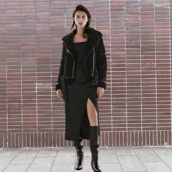 Women's Faux Shearling Aviator Jacket Belted Asymmetric Zip