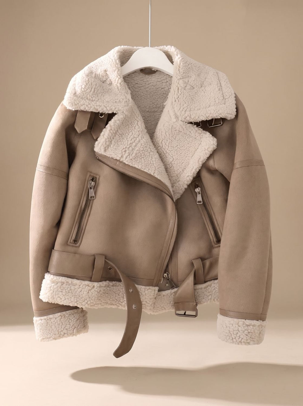 Women's Faux Shearling Aviator Jacket Belted Asymmetric Zip II - Brown