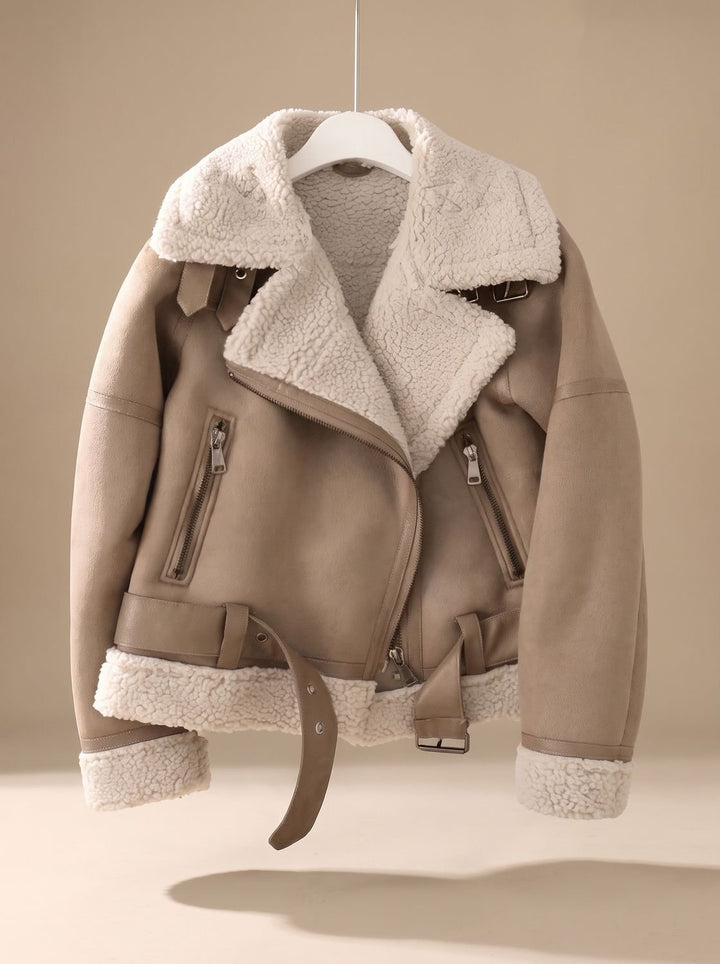 Women's Faux Shearling Aviator Jacket Belted Asymmetric Zip II - Brown