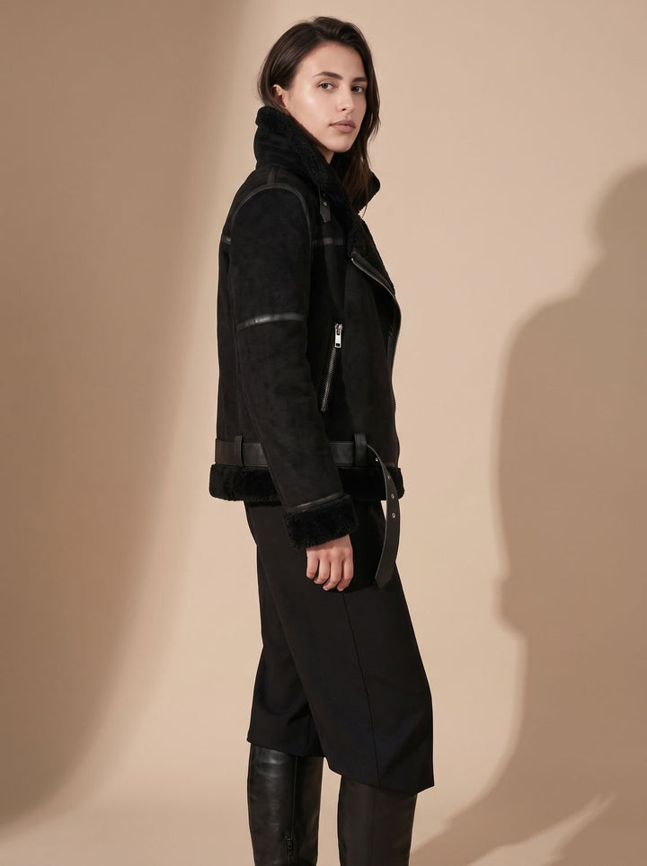 Women's Faux Shearling Aviator Jacket Belted Asymmetric Zip II