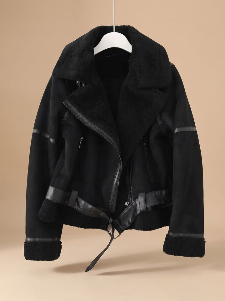 Women's Faux Shearling Aviator Jacket Belted Asymmetric Zip II - Black