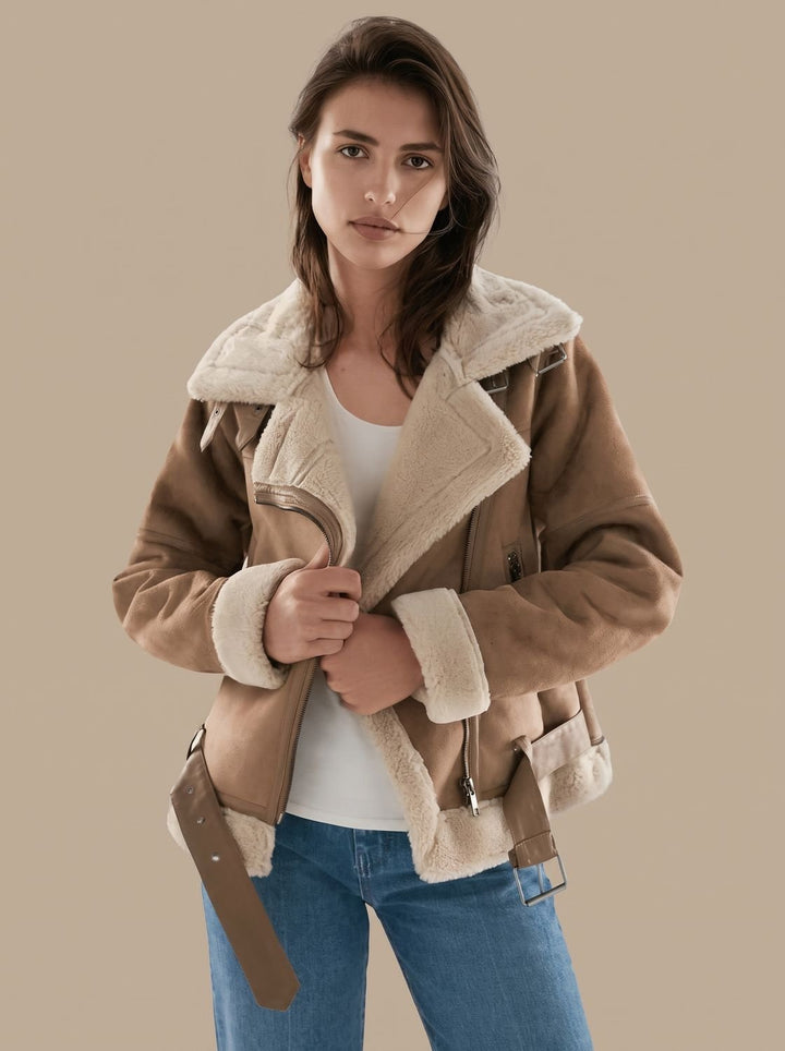Women's Faux Shearling Aviator Jacket Belted Asymmetric Zip II