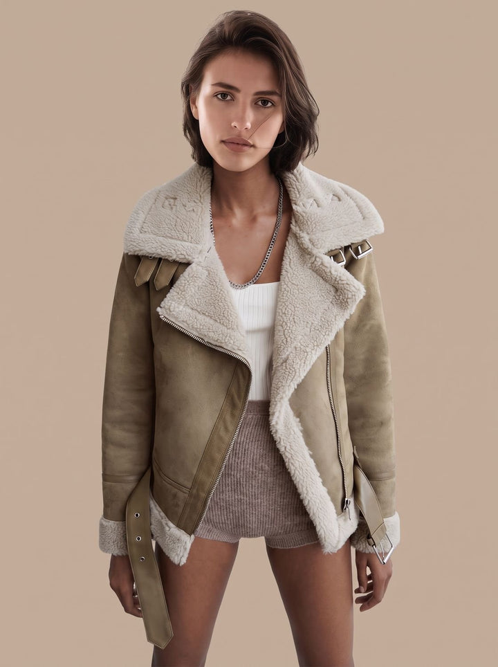 Women's Faux Shearling Aviator Jacket Belted Asymmetric Zip II