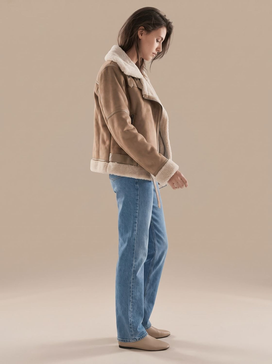 Women's Faux Shearling Aviator Jacket Belted Asymmetric Zip II