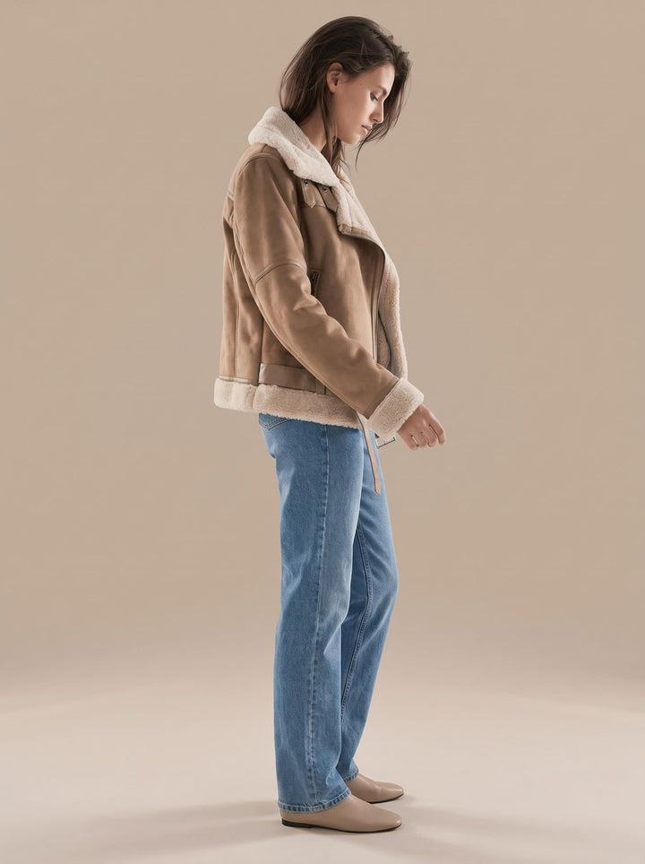 Women's Faux Shearling Aviator Jacket Belted Asymmetric Zip II