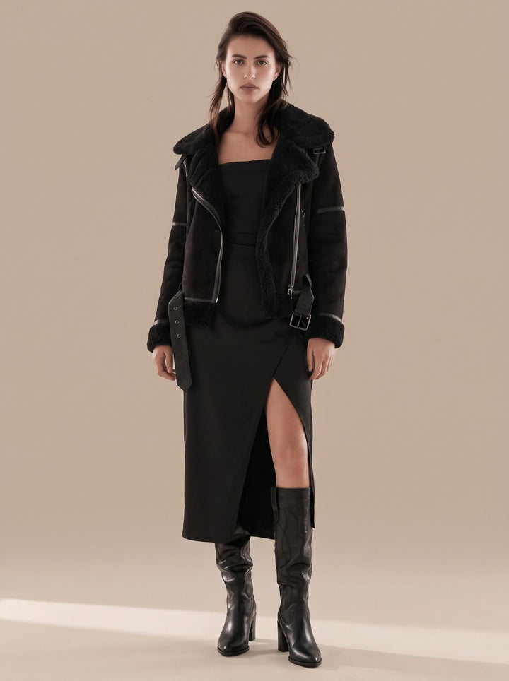 Women's Faux Shearling Aviator Jacket Belted Asymmetric Zip II