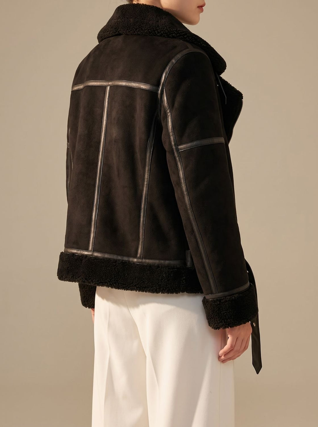 Women's Faux Shearling Aviator Jacket Belted Asymmetric Zip II