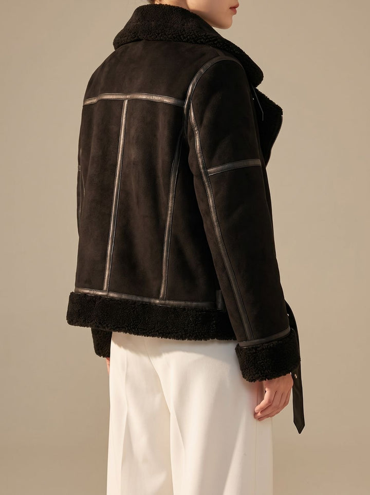 Women's Faux Shearling Aviator Jacket Belted Asymmetric Zip II
