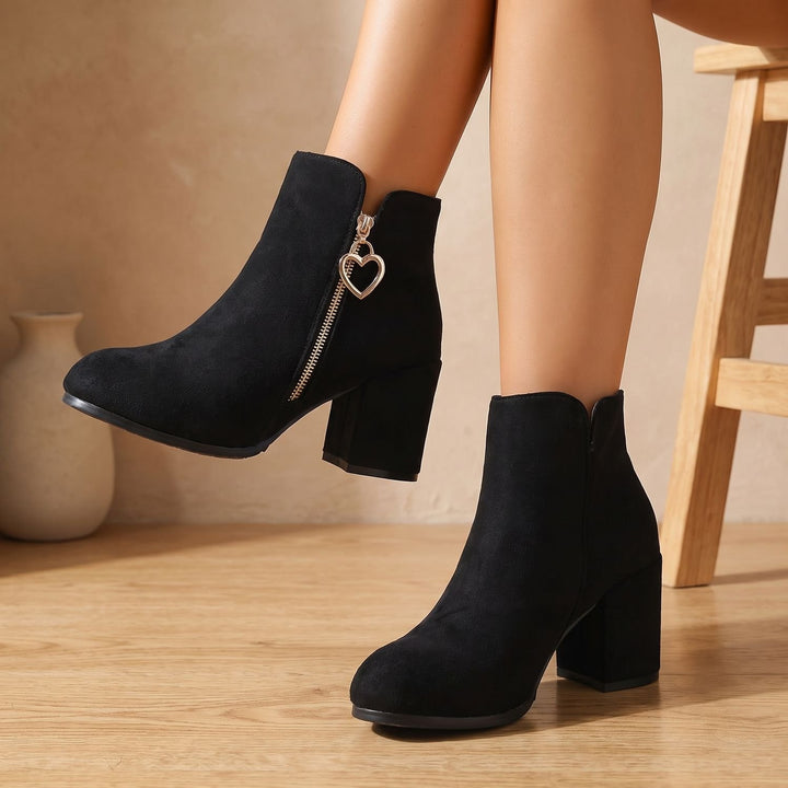 Women's Faux Suede Block Heel Ankle Boots Heart Zipper