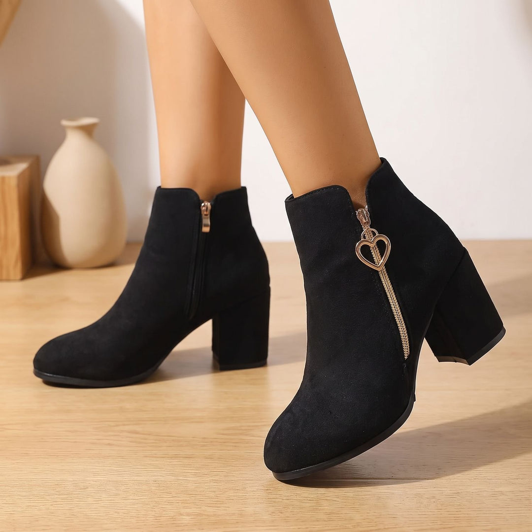 Women's Faux Suede Block Heel Ankle Boots Heart Zipper
