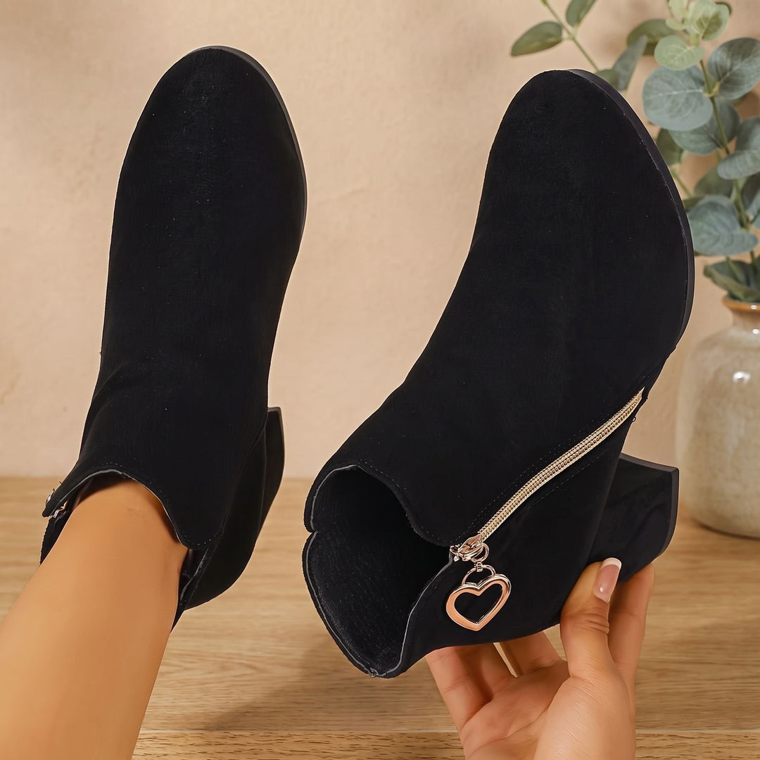 Women's Faux Suede Block Heel Ankle Boots Heart Zipper