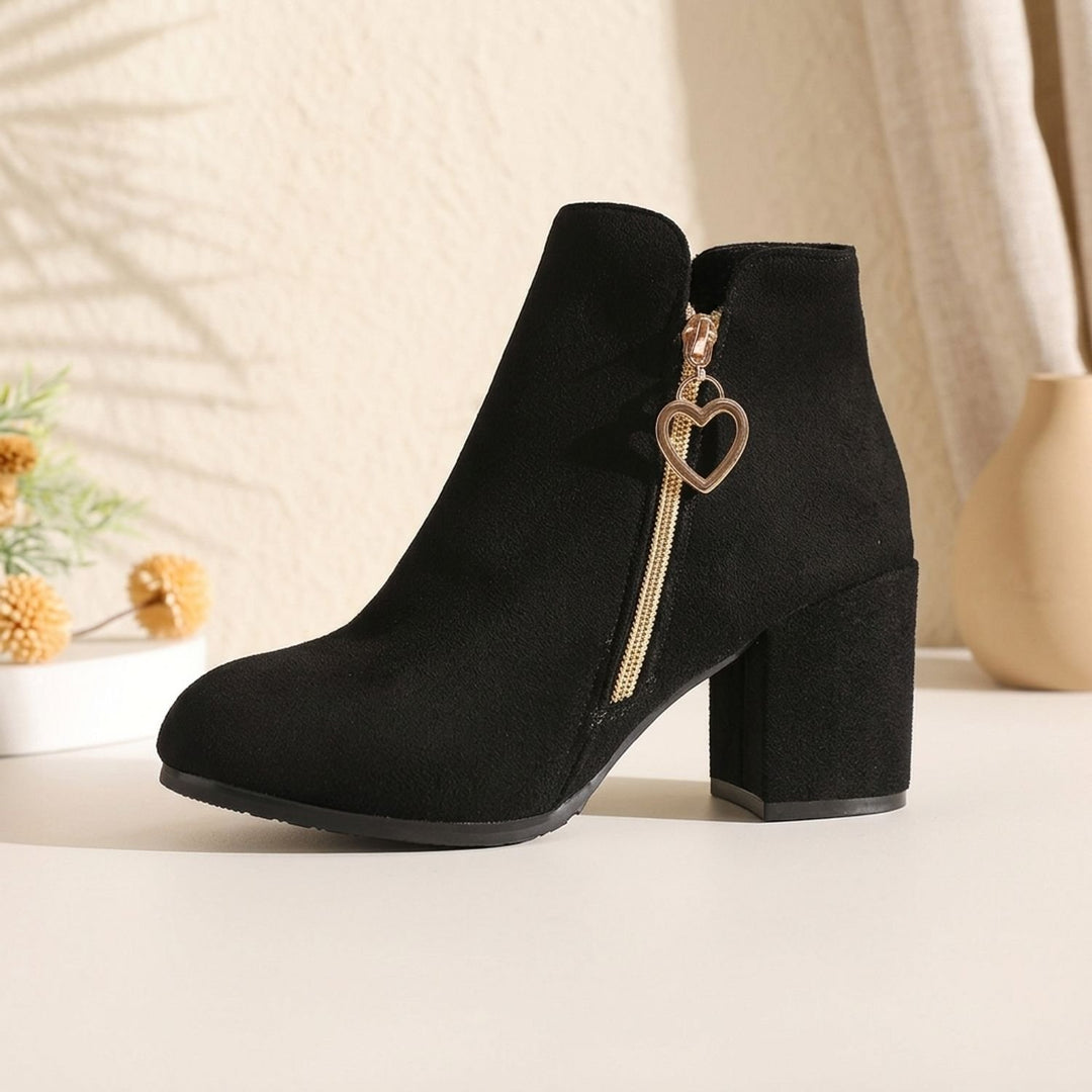Women's Faux Suede Block Heel Ankle Boots Heart Zipper