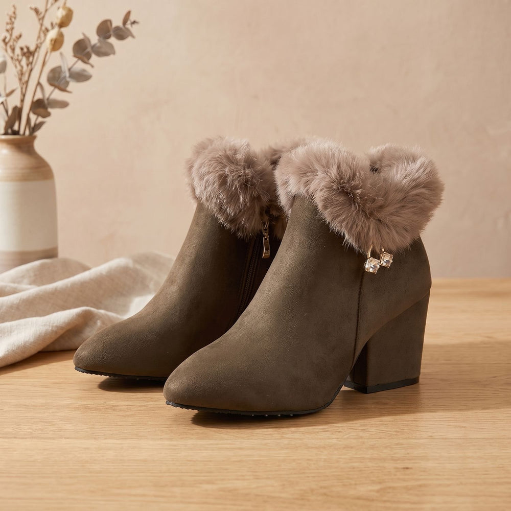 Women's Faux Suede Fur-Trim Block Heel Pointed-Toe Ankle Boots