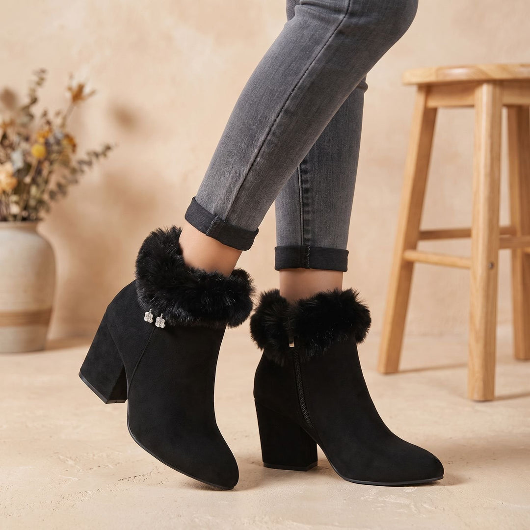 Women's Faux Suede Fur-Trim Block Heel Pointed-Toe Ankle Boots