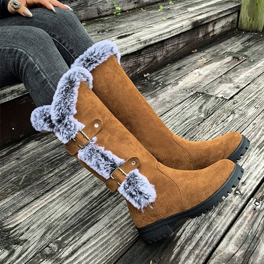 Women's Faux Suede Plush-Lined Buckle Knee High Boots