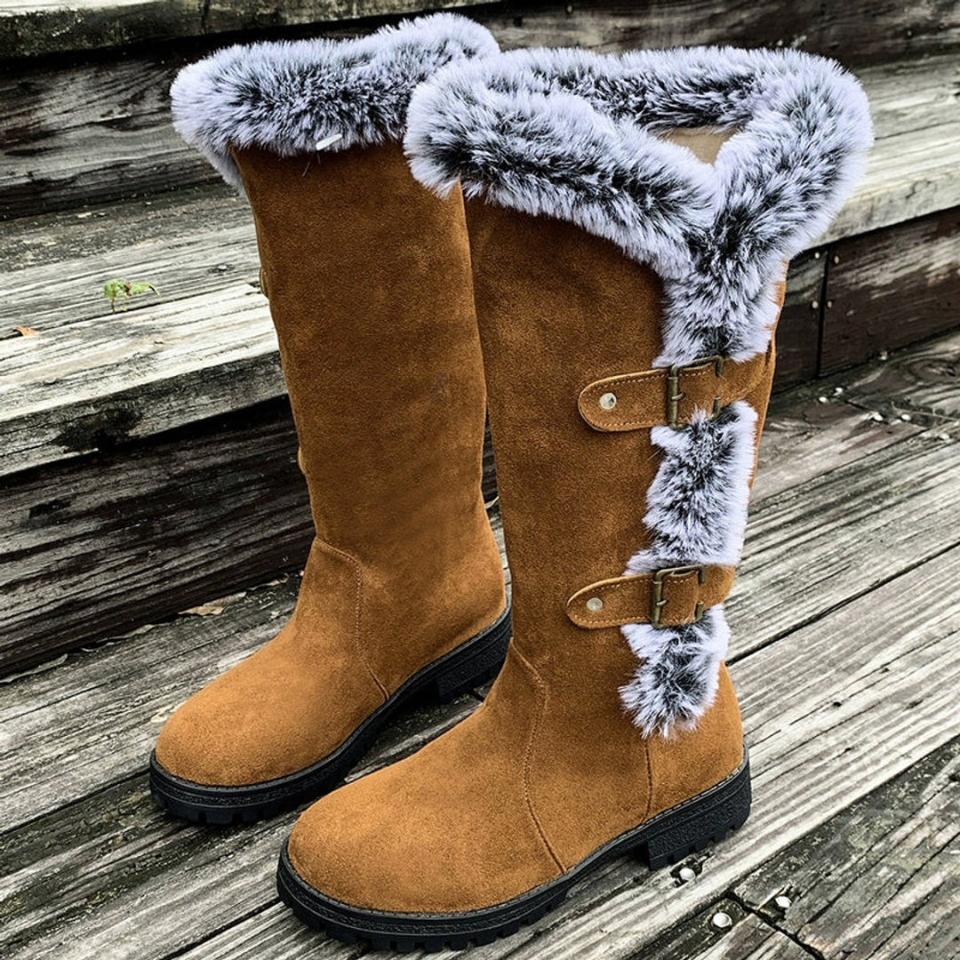 Women's Faux Suede Plush-Lined Buckle Knee High Boots