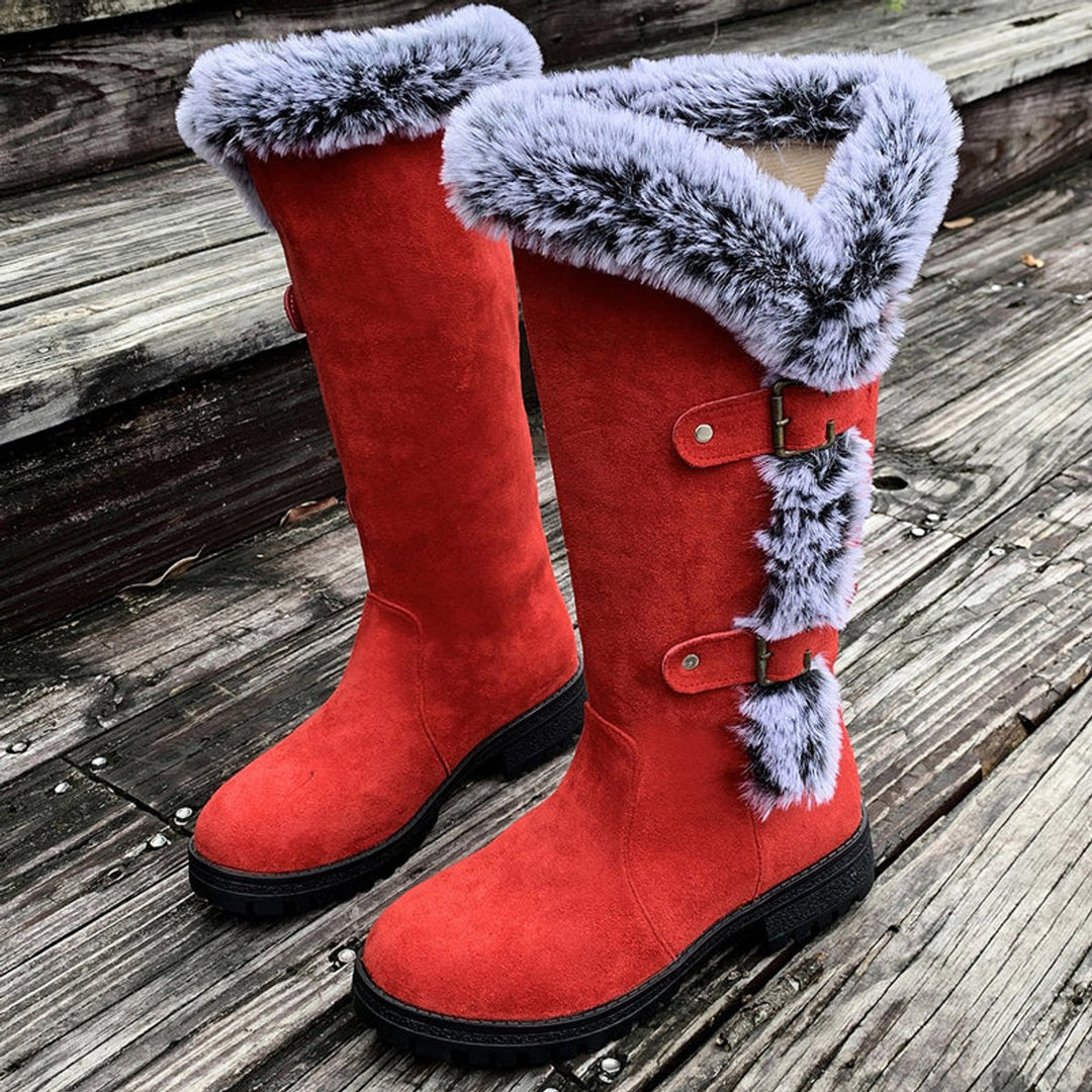 Women's Faux Suede Plush-Lined Buckle Knee High Boots - Red