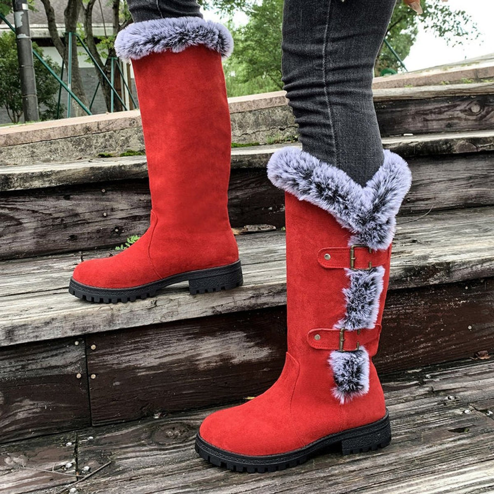 Women's Faux Suede Plush-Lined Buckle Knee High Boots