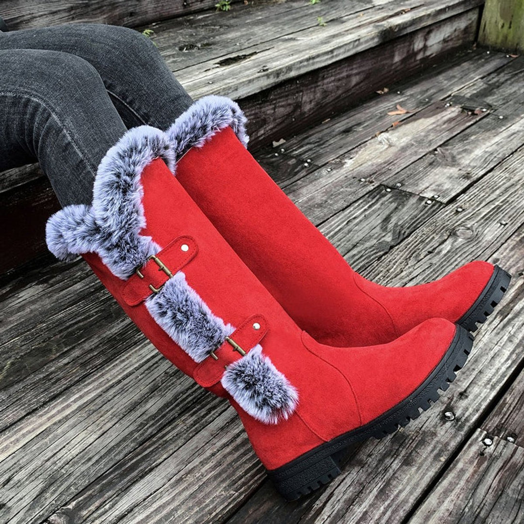 Women's Faux Suede Plush-Lined Buckle Knee High Boots