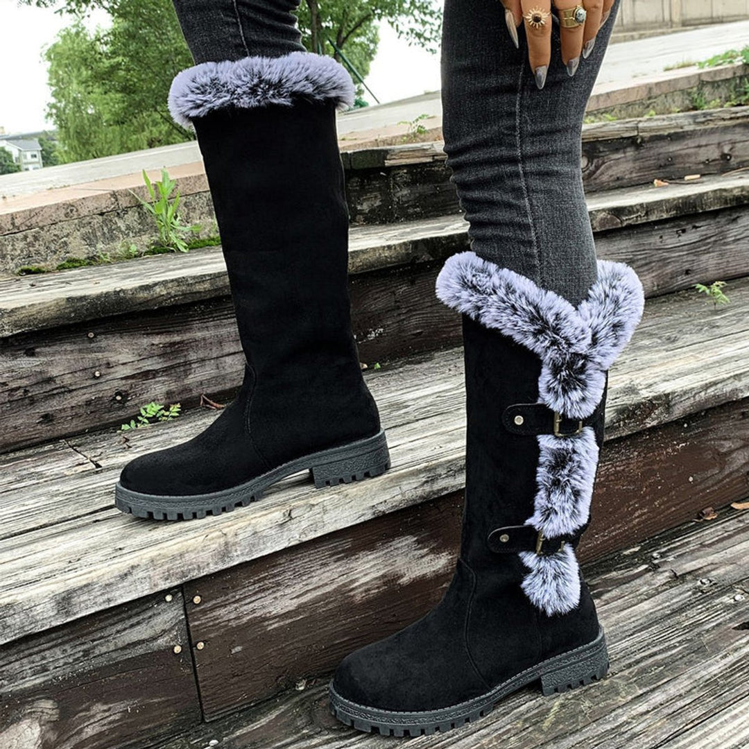 Women's Faux Suede Plush-Lined Buckle Knee High Boots