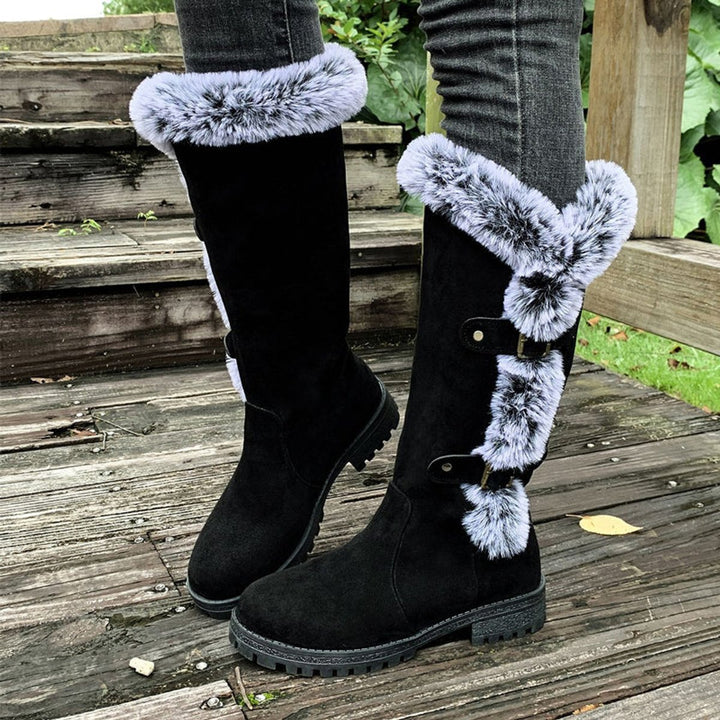 Women's Faux Suede Plush-Lined Buckle Knee High Boots - Black