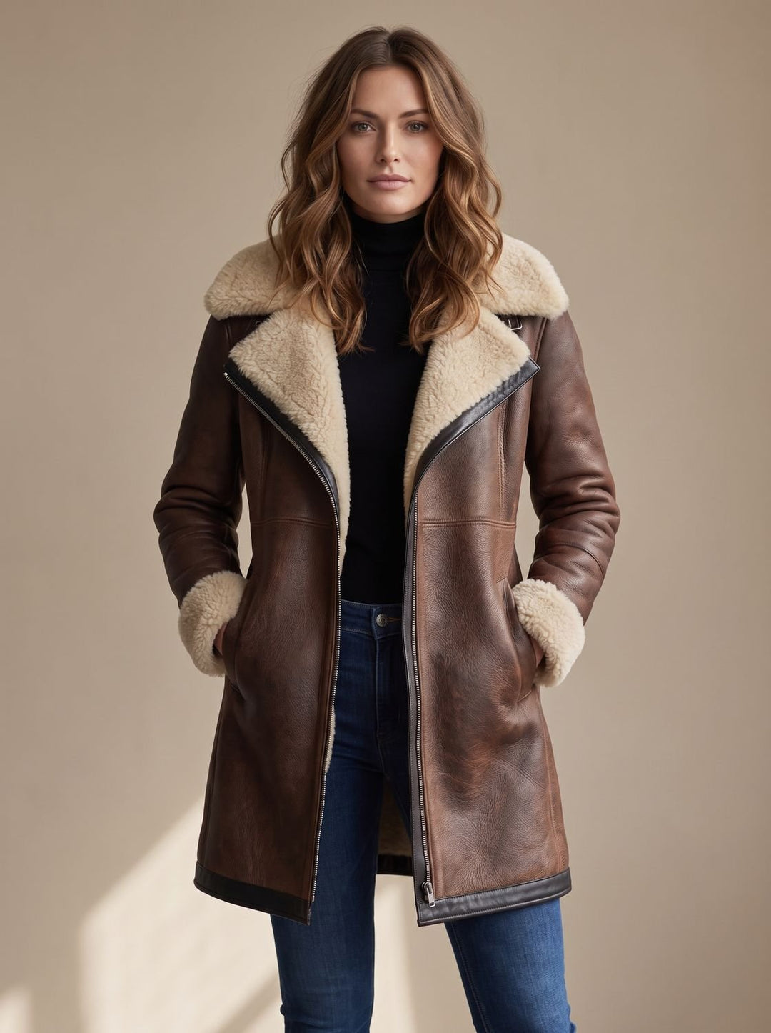 Women's Faux Suede Zip-Up Coat Shearling Collar Trim, Dark Brown