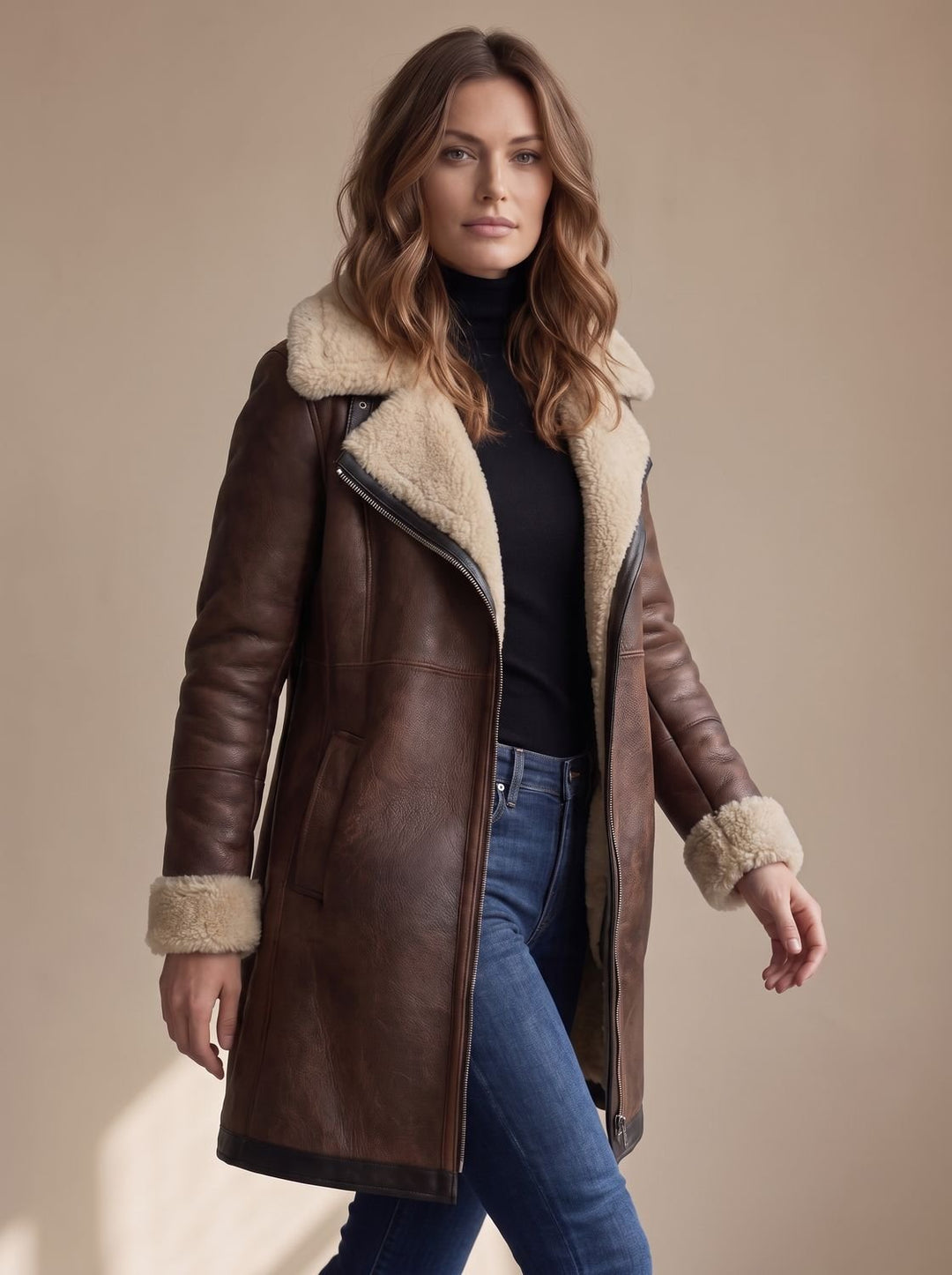 Women's Faux Suede Zip-Up Coat Shearling Collar Trim, Dark Brown