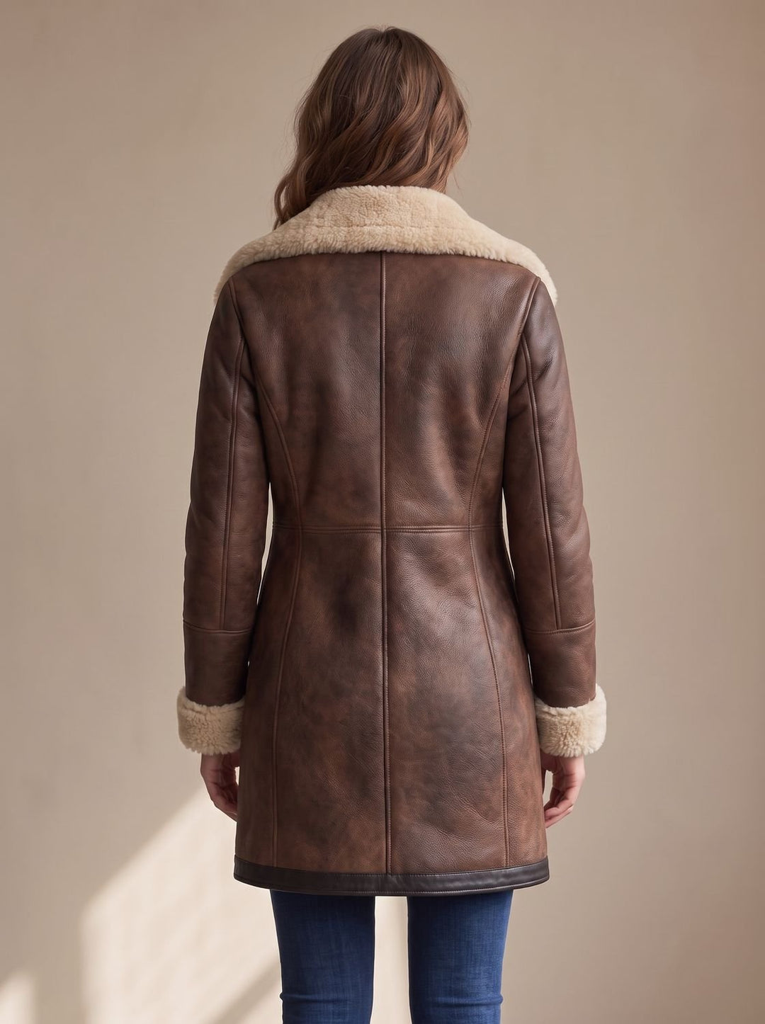 Women's Faux Suede Zip-Up Coat Shearling Collar Trim, Dark Brown