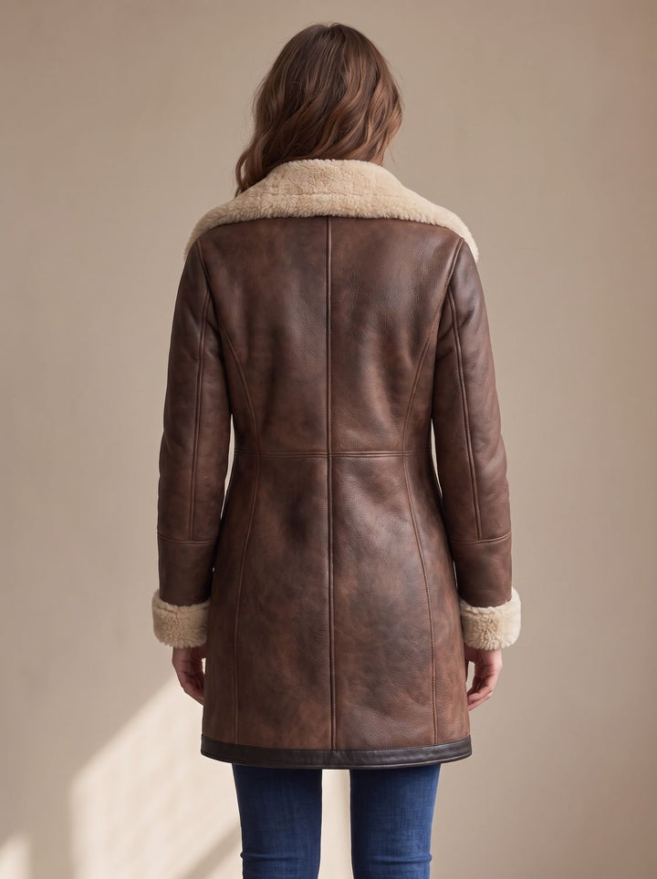 Women's Faux Suede Zip-Up Coat Shearling Collar Trim, Dark Brown