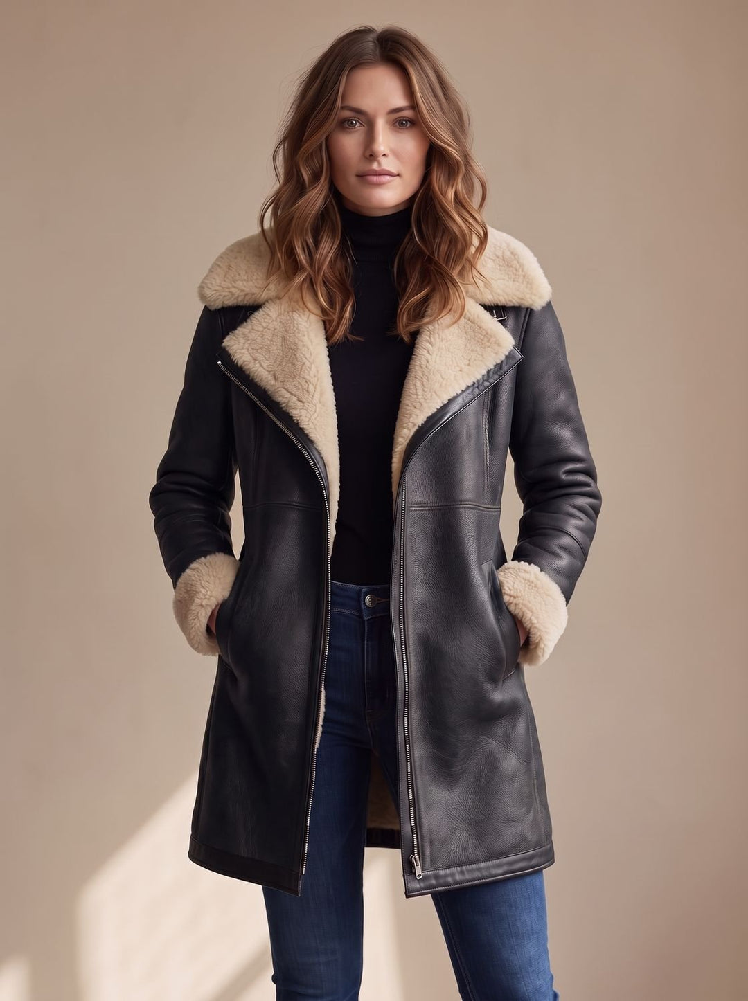Women's Faux Suede Zip-Up Coat Shearling Collar Trim, Dark Brown - Black