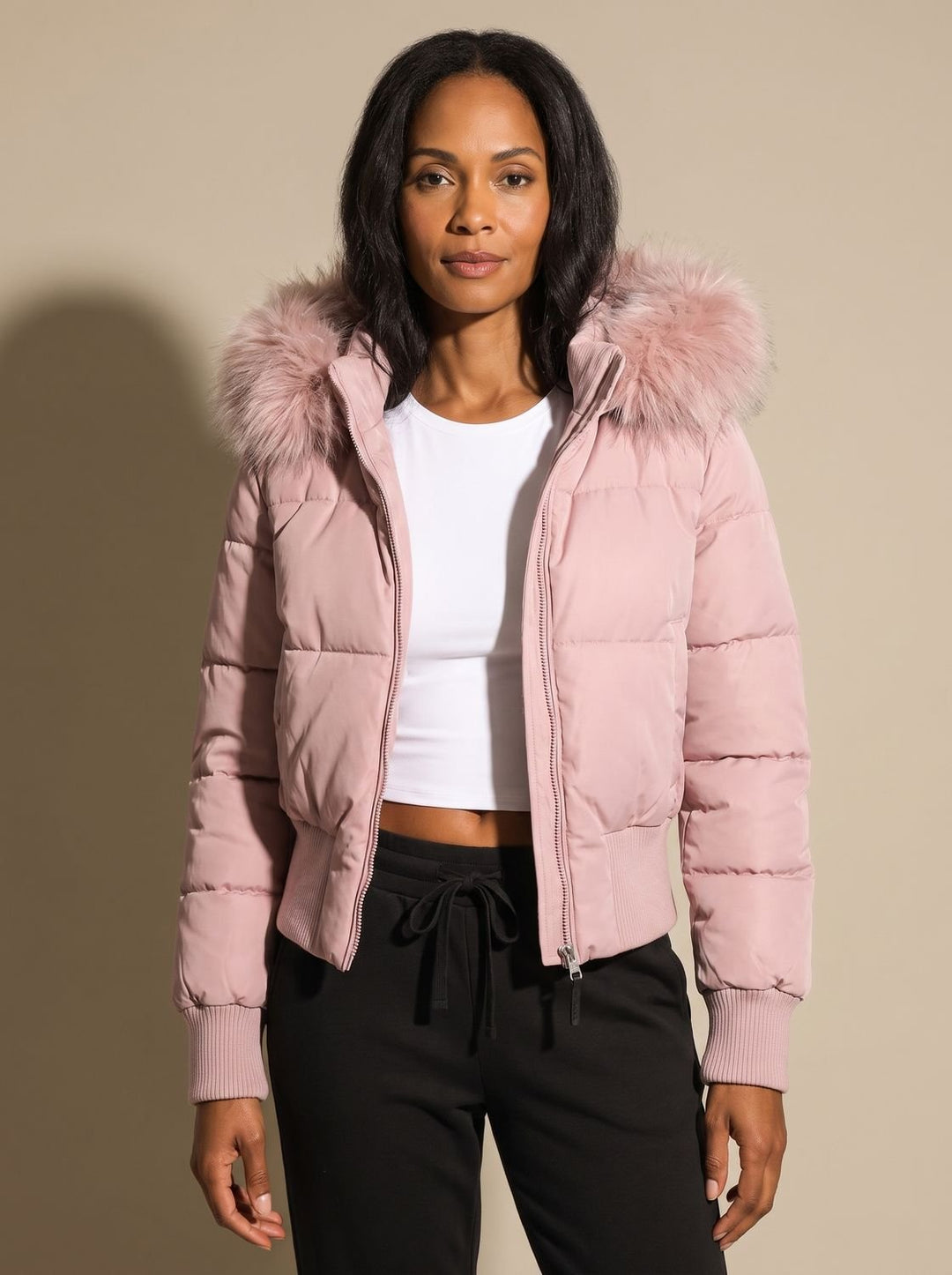 Women's Fitted Faux-Fur Hooded Puffer Jacket - Red