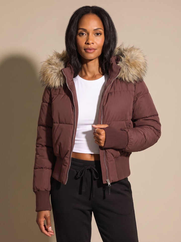 Women's Fitted Faux-Fur Hooded Puffer Jacket - Brown