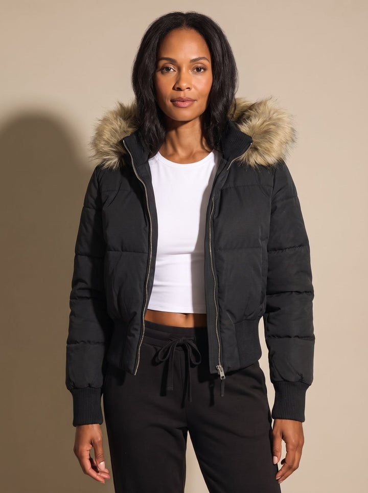 Women's Fitted Faux-Fur Hooded Puffer Jacket - Black