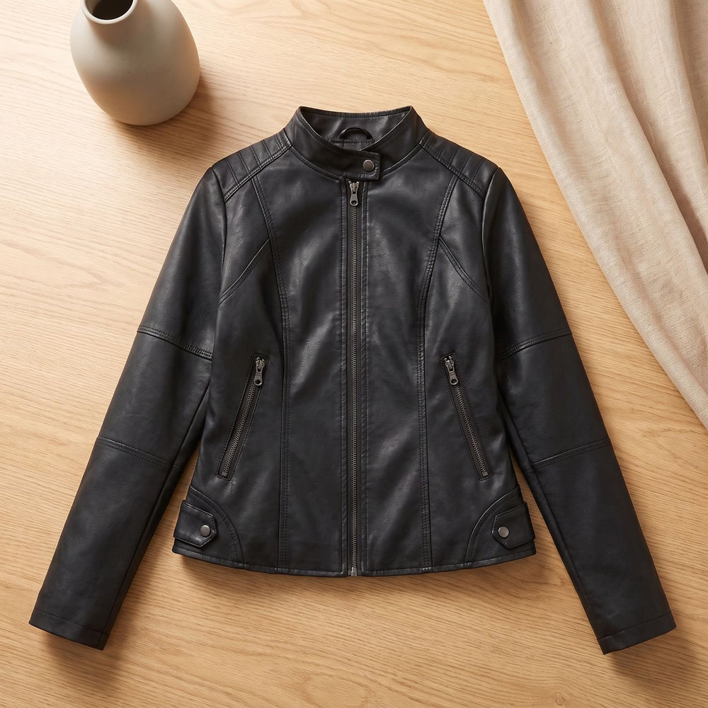 Women's Fitted Faux Leather Moto Jacket Mock Neck Zipper - Black