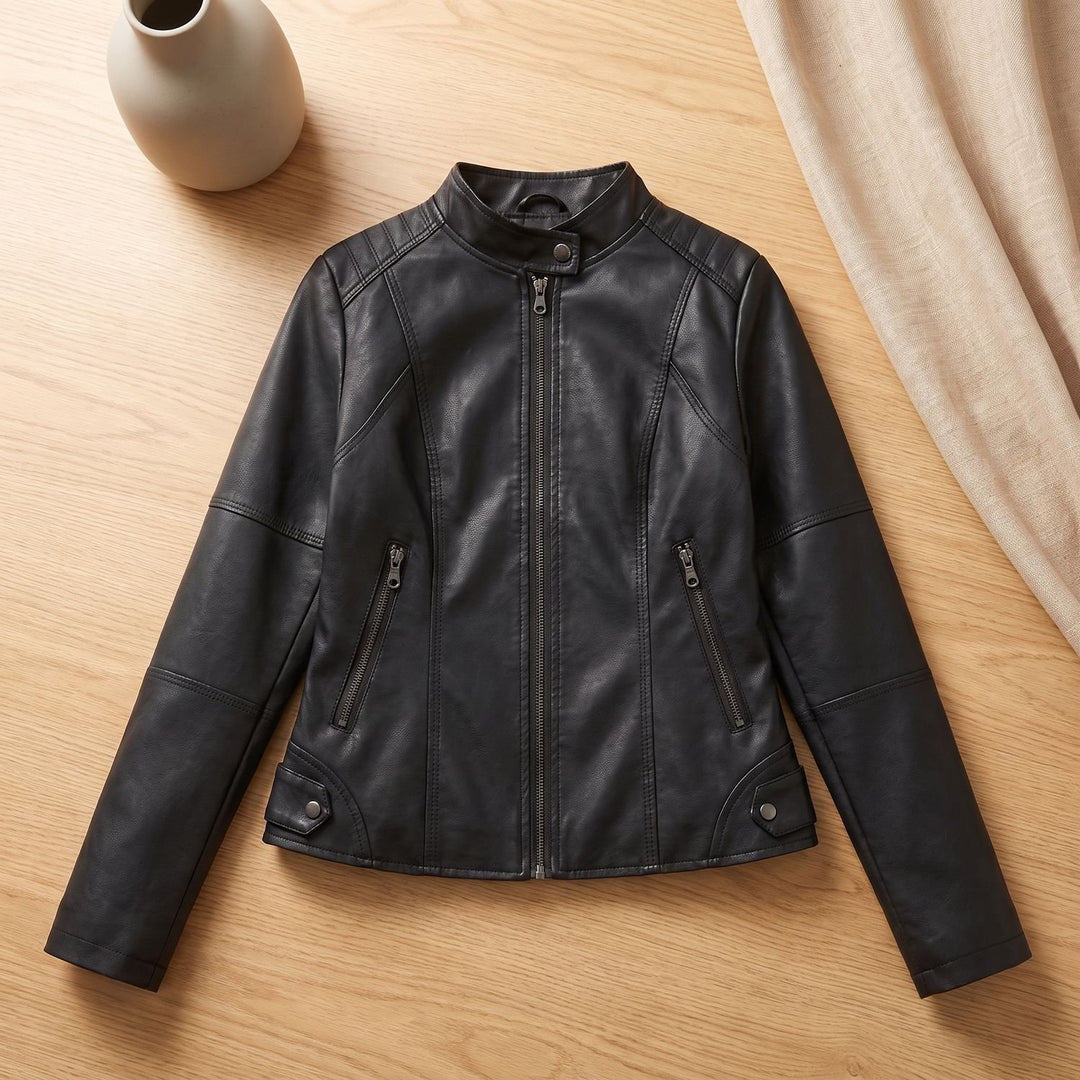 Women's Fitted Faux Leather Moto Jacket Mock Neck Zipper - Black