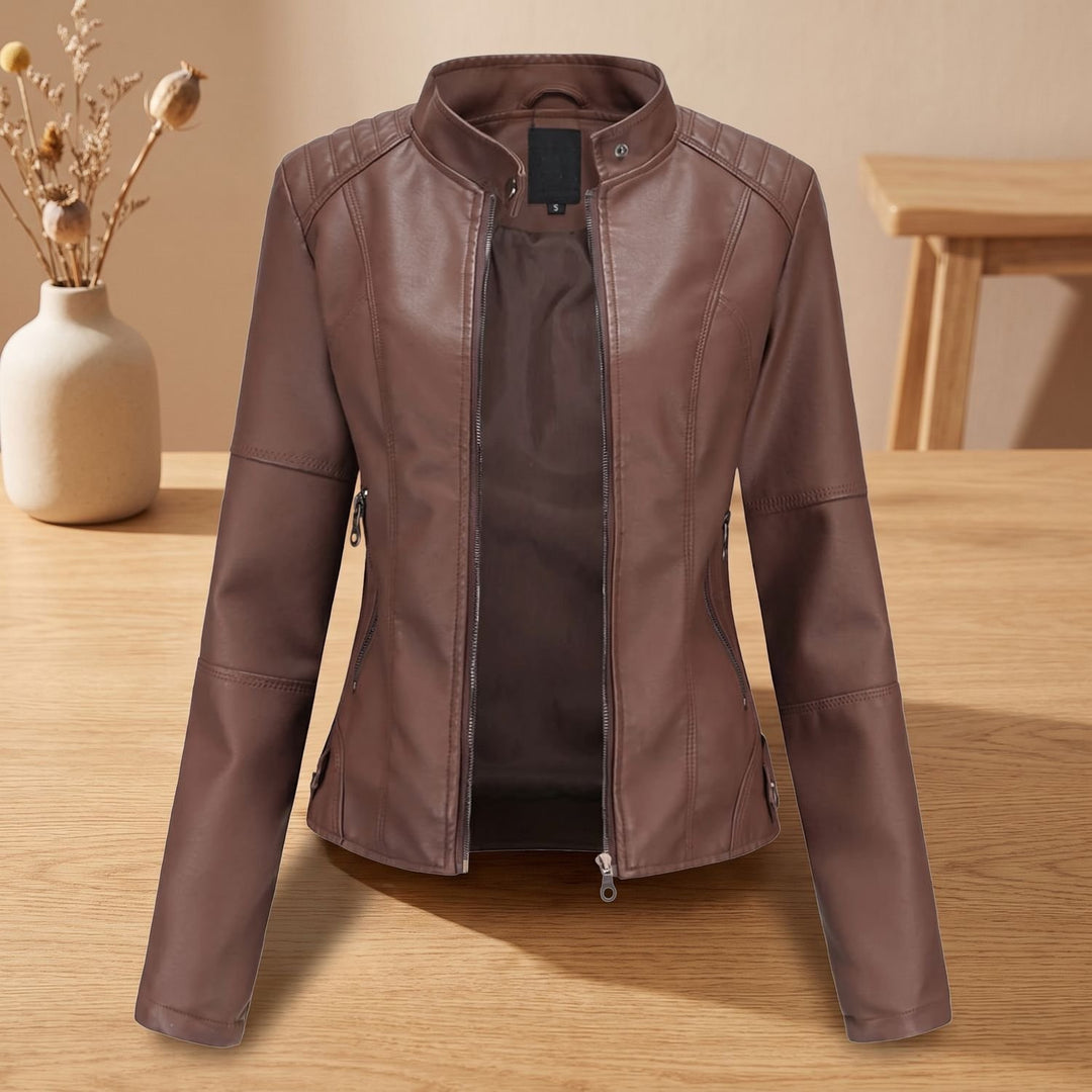 Women's Fitted Faux Leather Moto Jacket Mock Neck Zipper - Dark Brown