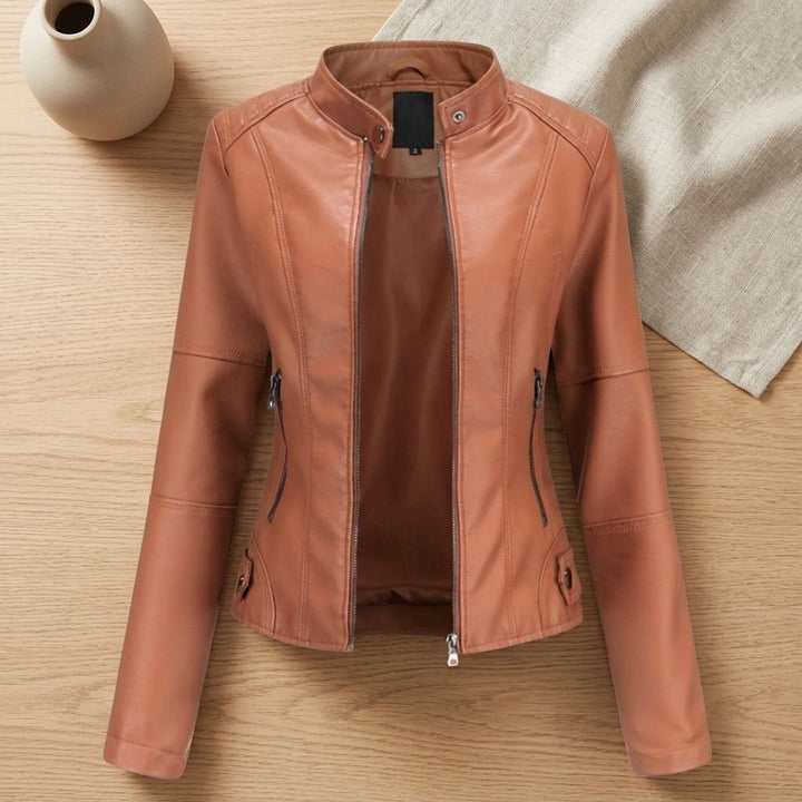 Women's Fitted Faux Leather Moto Jacket Mock Neck Zipper - Light Brown