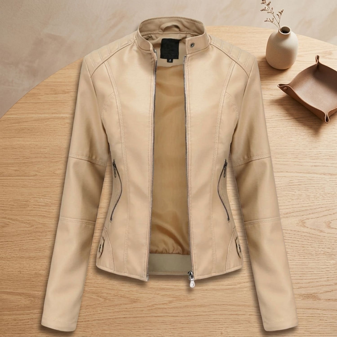 Women's Fitted Faux Leather Moto Jacket Mock Neck Zipper - Beige