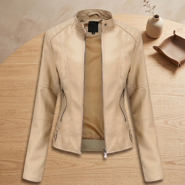 Women's Fitted Faux Leather Moto Jacket Mock Neck Zipper - Beige